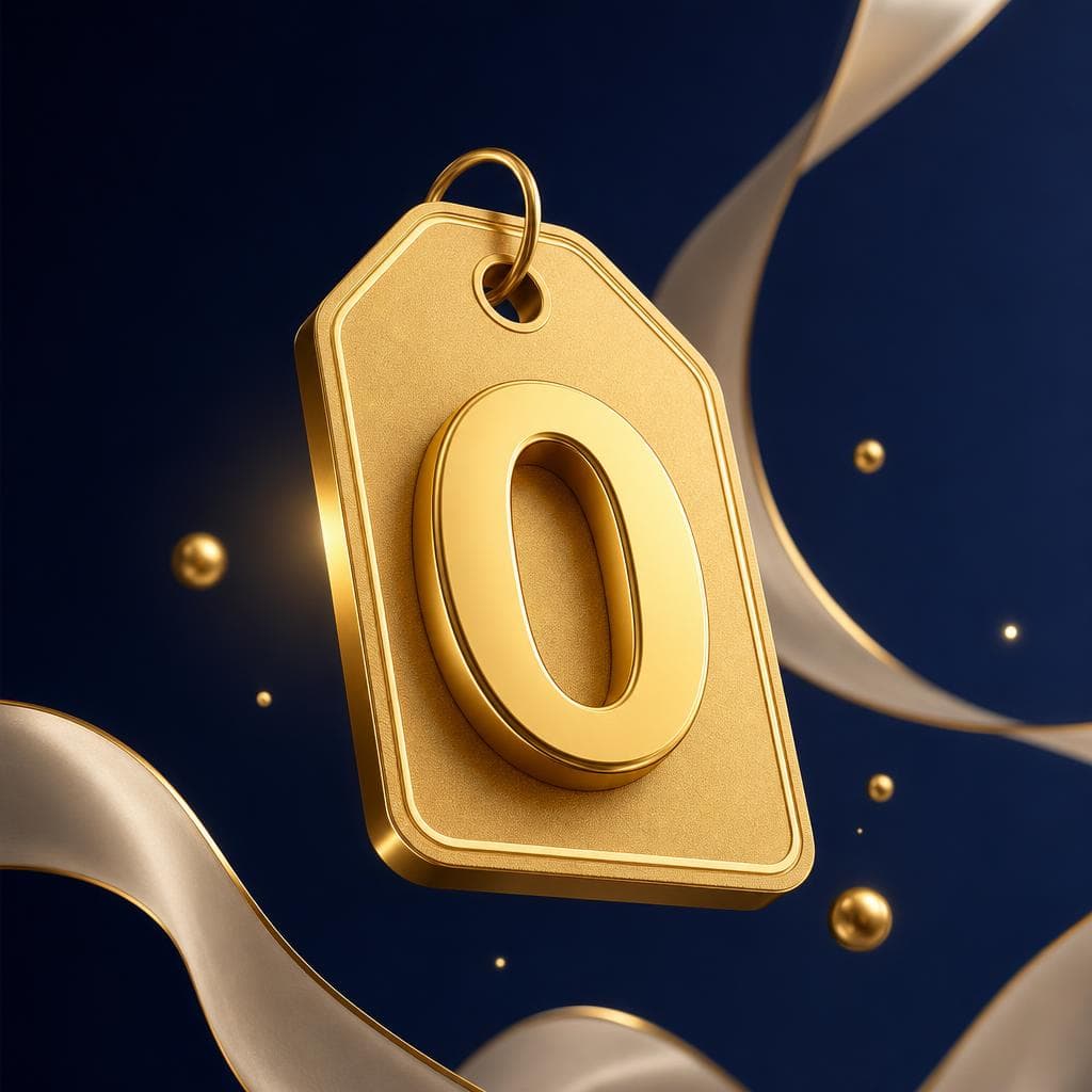 Etiqueta dourada com o número zero, representando preço gratuito
