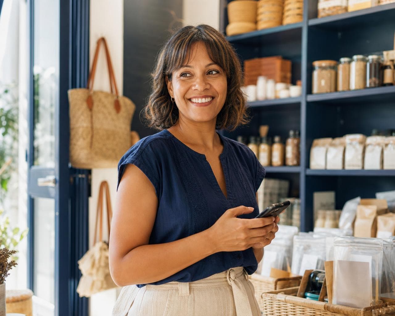 Empresária brasileira no celular organizando as finanças do negócio